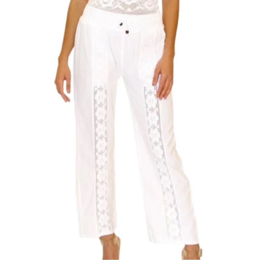 SEASPICE RESORT WEAR Magnolia Crochet Front Gauze Wide Leg Pants Sz Med White